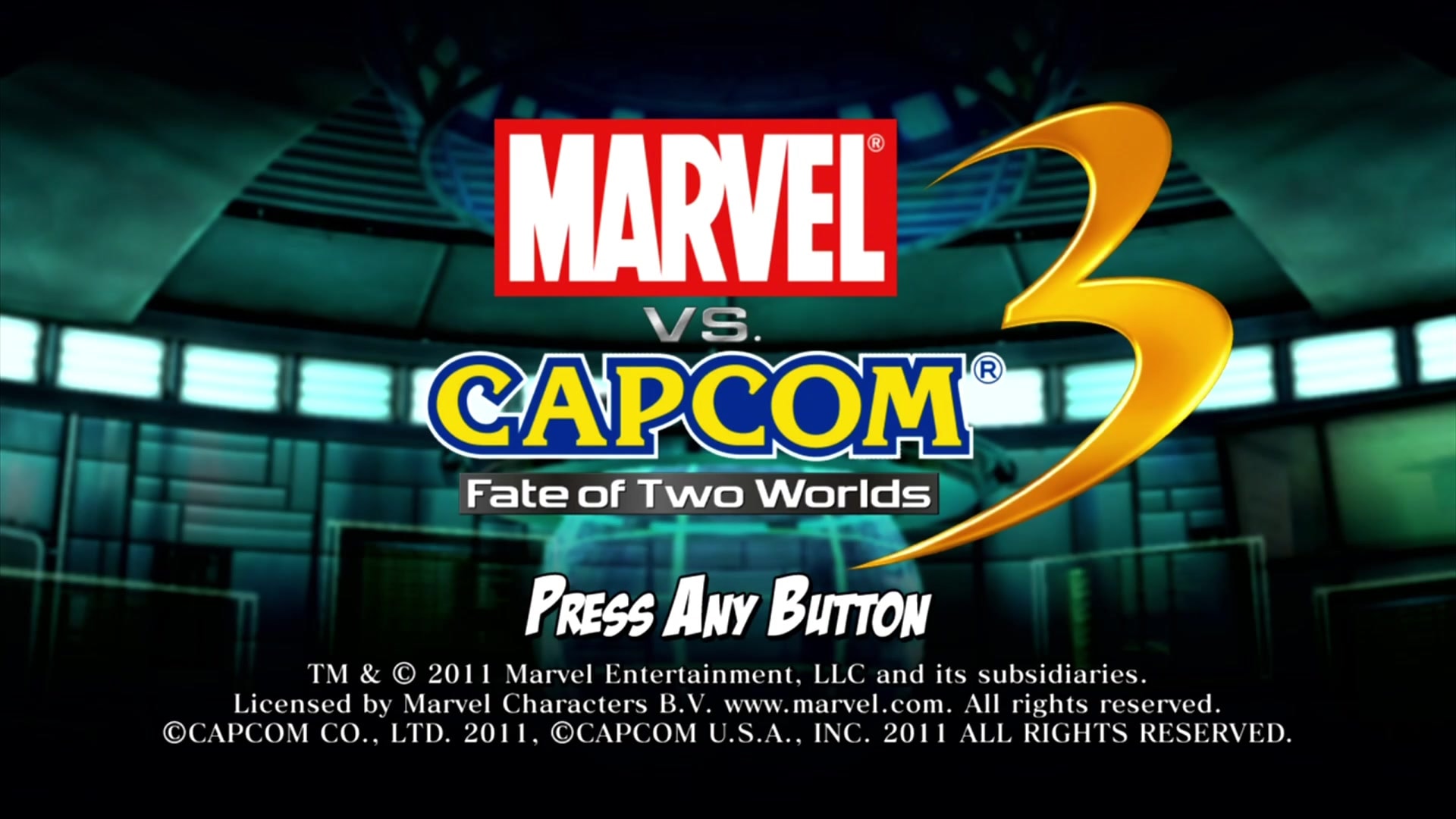 Marvel Vs. Capcom 3: Fate of Two Worlds title screen for Xbox 360
